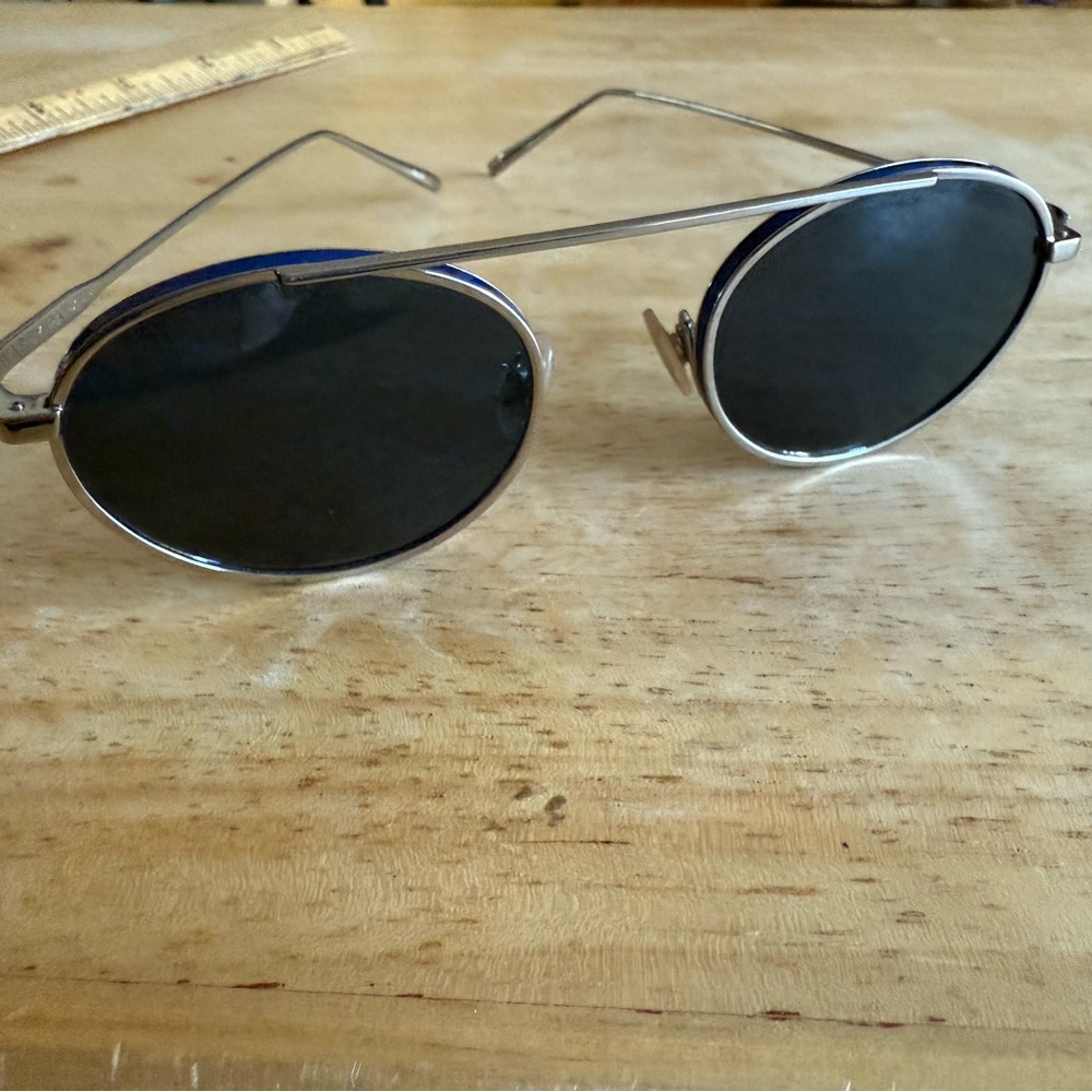 Warby Parker Sunglasses with Silver Frame and Dark Smoke Lenses with Blue Edges